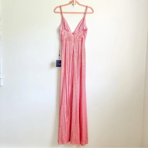 Ieena for Mac Duggal 26945 Barbie Pink Plunging Neckline Sequin Dress sz 0 - Picture 7 of 11